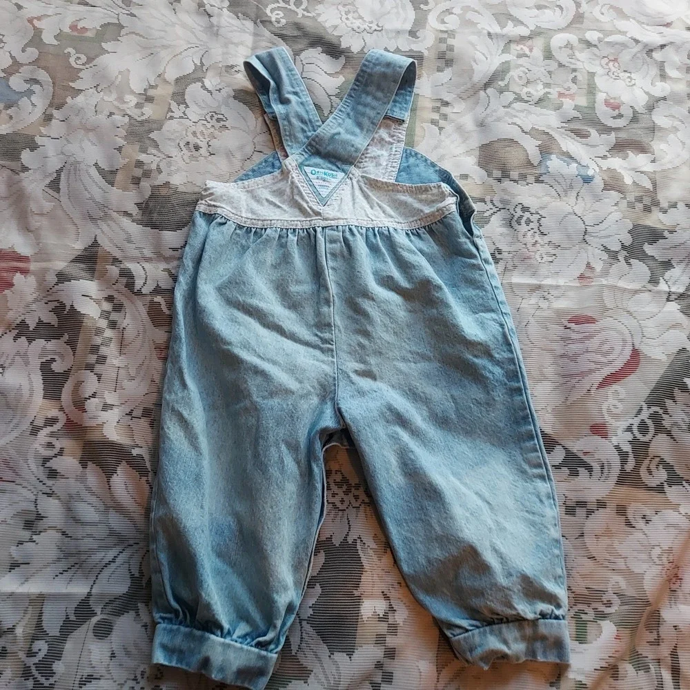 Vintage OshKosh B'gosh 18M Floral Denim Vestbak Overalls Light Wash Pink Buttons